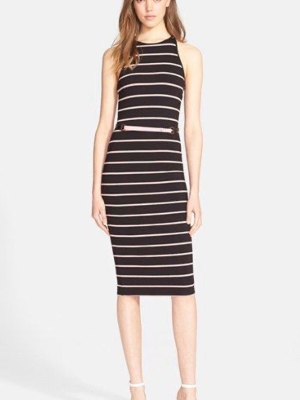 Ted Baker Linn Striped Bodycon Dress, sleeveless, midi-length jersey knit dress.